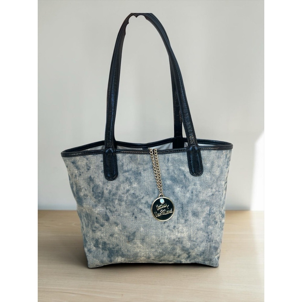Kathy Van Zeeland Shoulder Bag Blue Canvas Denim Black‎ Straps Acid Wash Y2K
